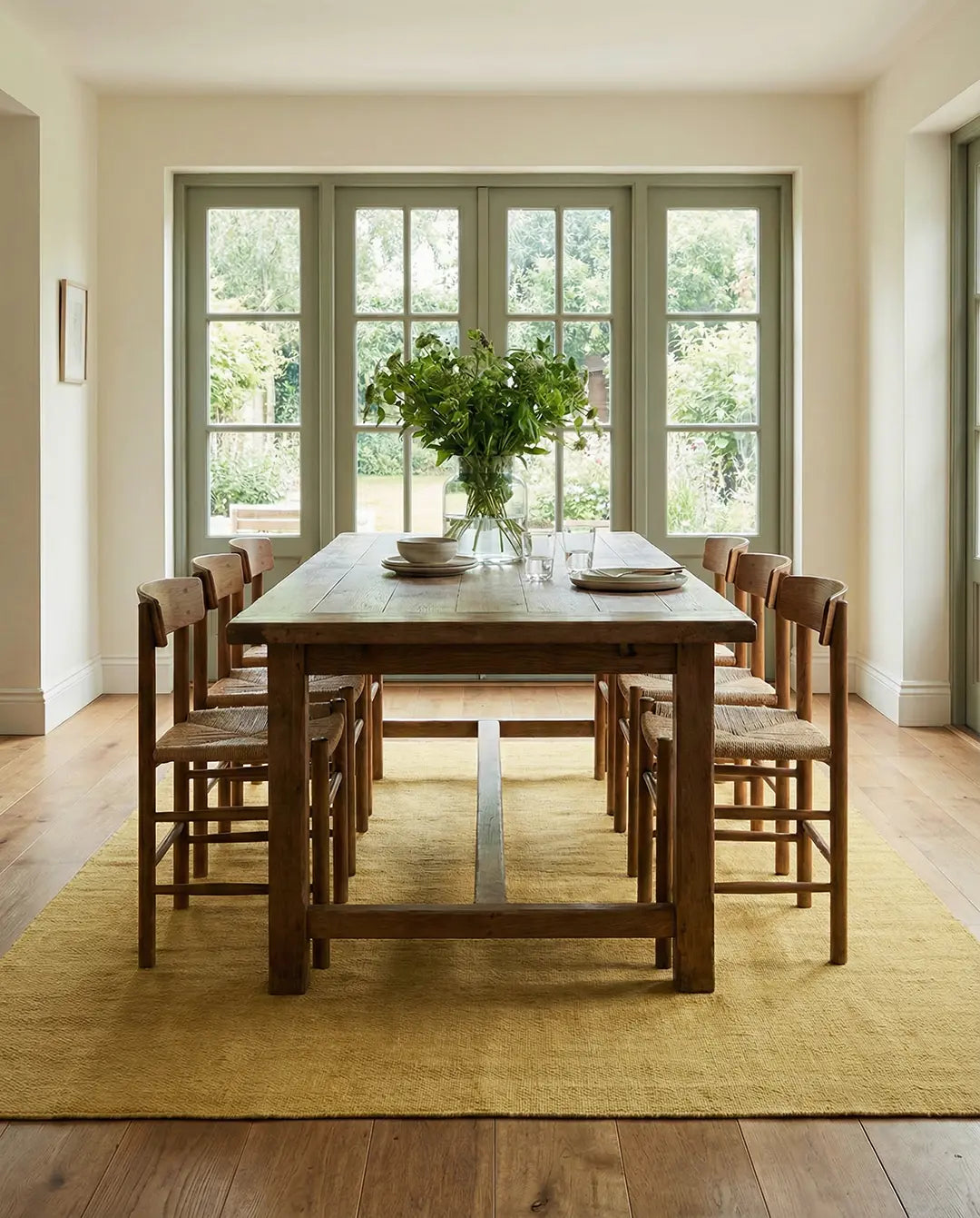Rustic wooden dining table with chairs featuring woven rush seats set on a mustard yellow area rug in a sunlit room.