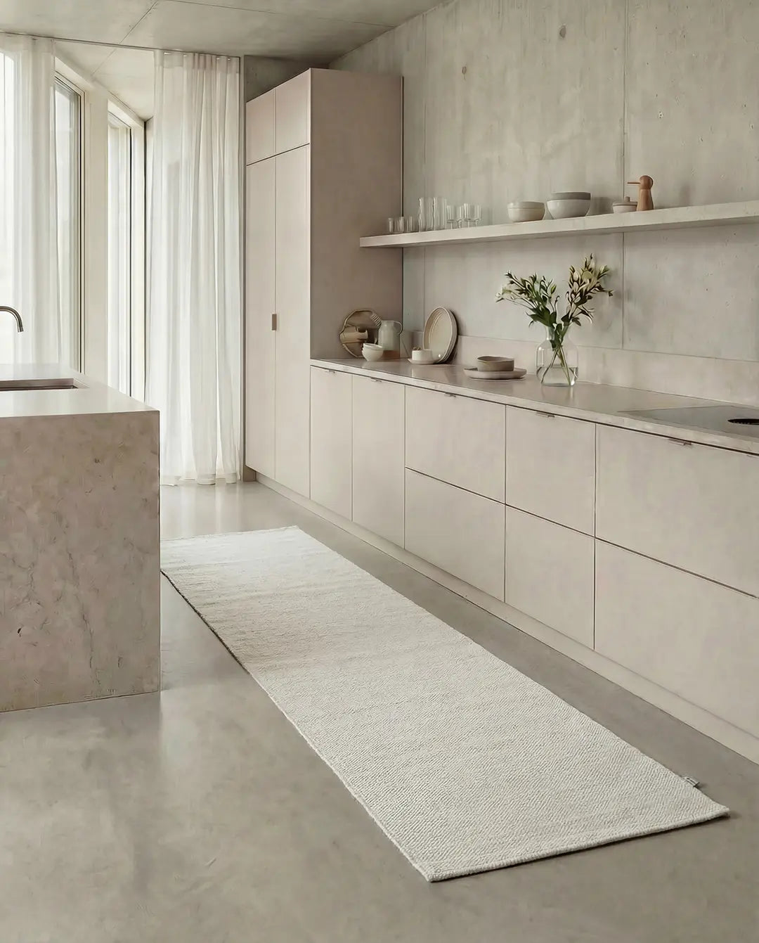 Long beige woven runner rug placed on a polished concrete floor in a modern minimalist kitchen.