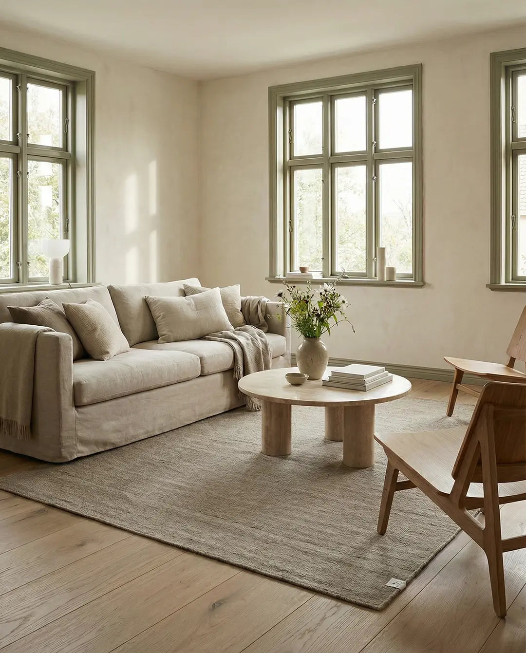 Beiges Wohnzimmer mit beigem Leinen-Sofa, runden Holztisch, Stühlen und einem grauen Teppich in natürlicher Einrichtung.