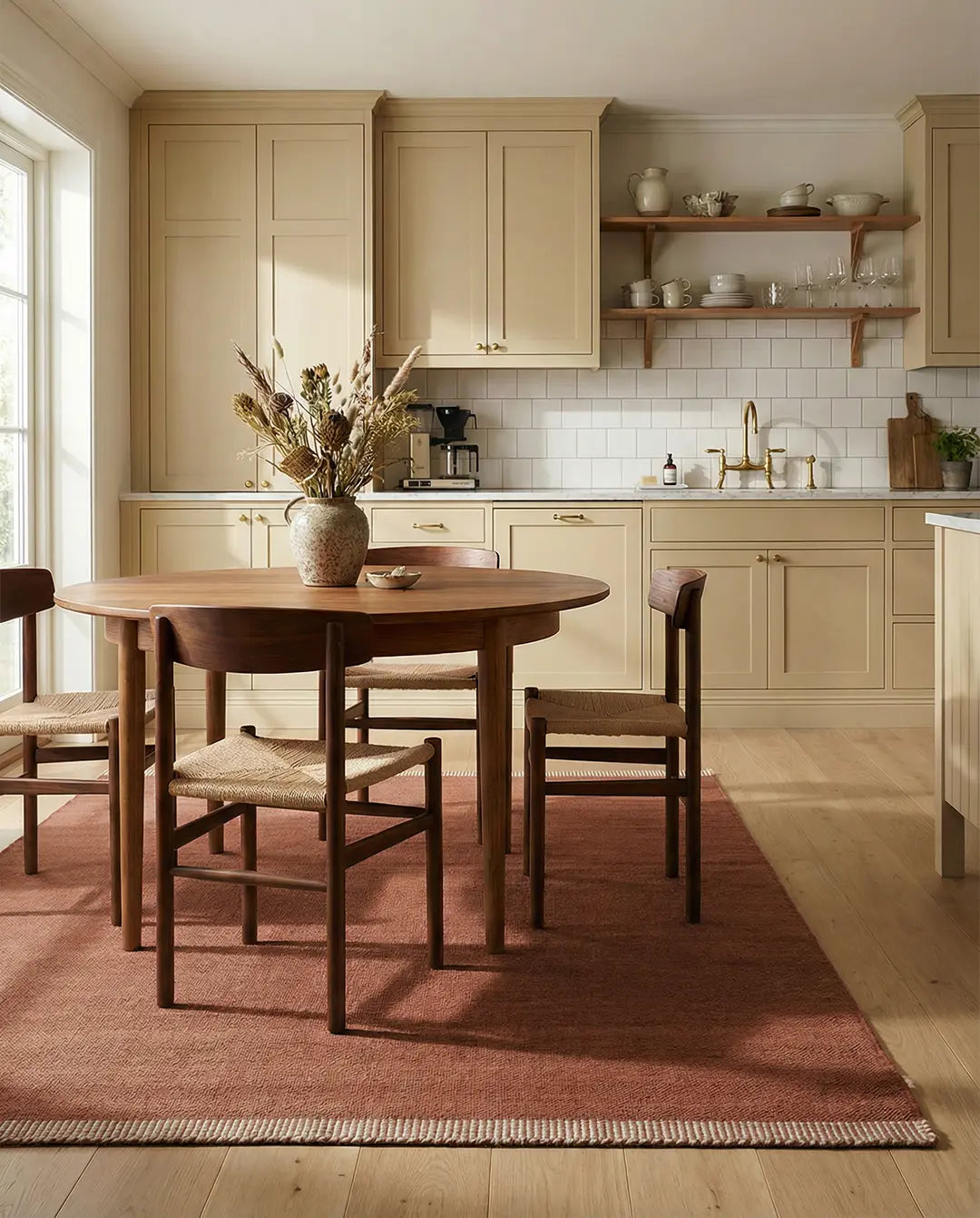 Round wooden dining table with chairs featuring woven seats on a terracotta rug in a beige modern kitchen.