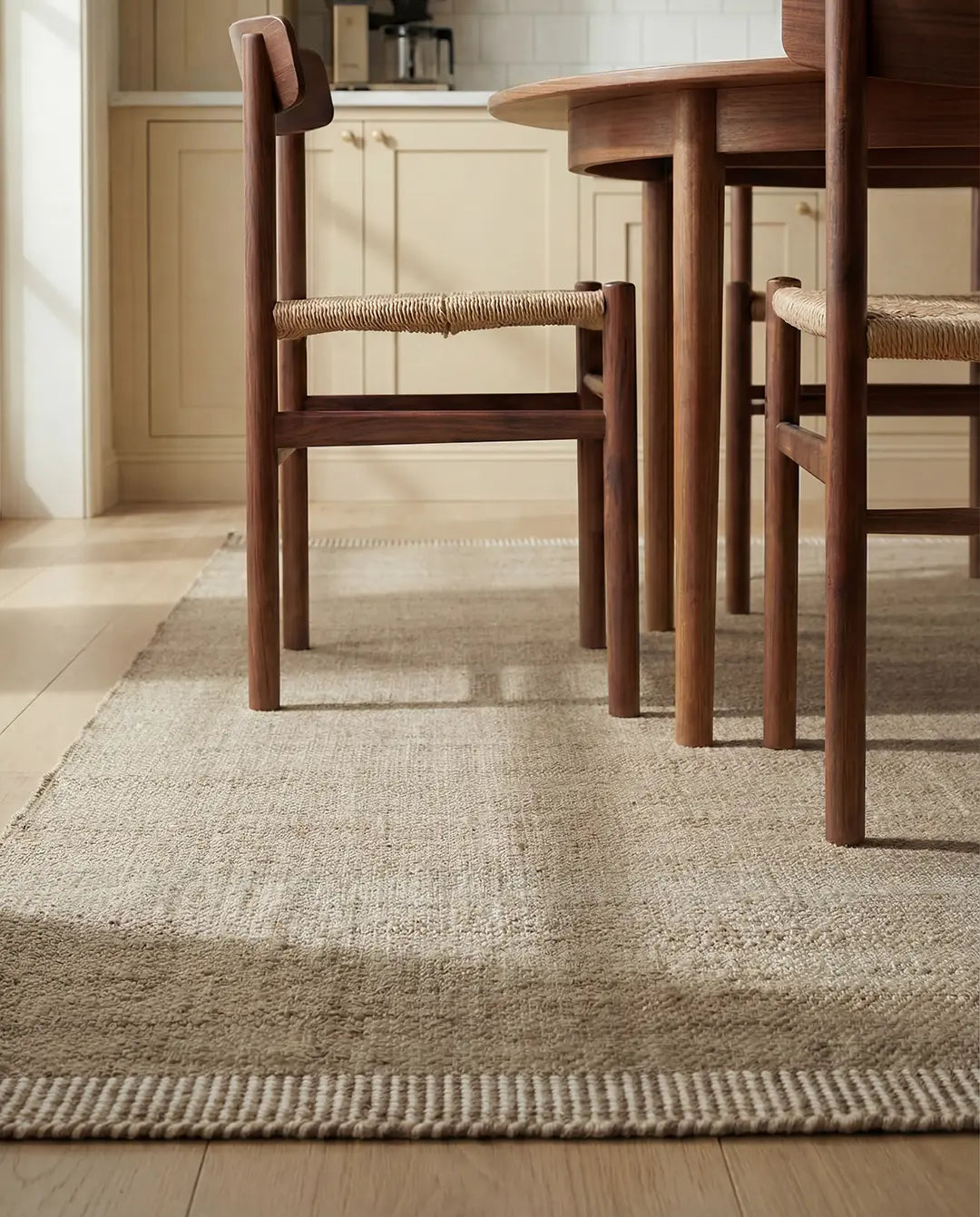 Beige vävd matta med texturerad yta placerad under en matgrupp i mörkt trä i en ljus matsal.