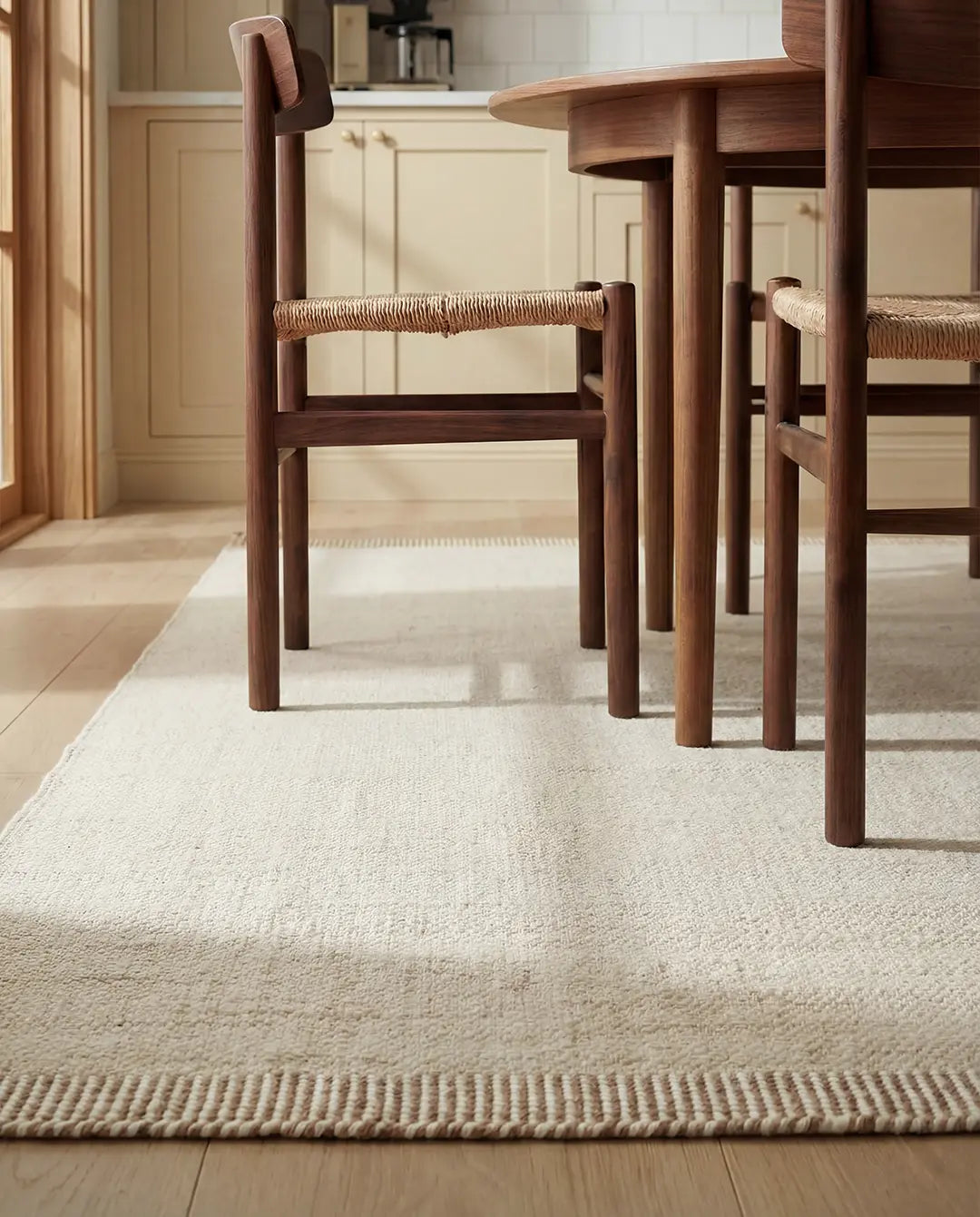 Beige matta med textur under matgrupp i mörkt trä med stolar i trä och flätad sits i ett ljust kök.