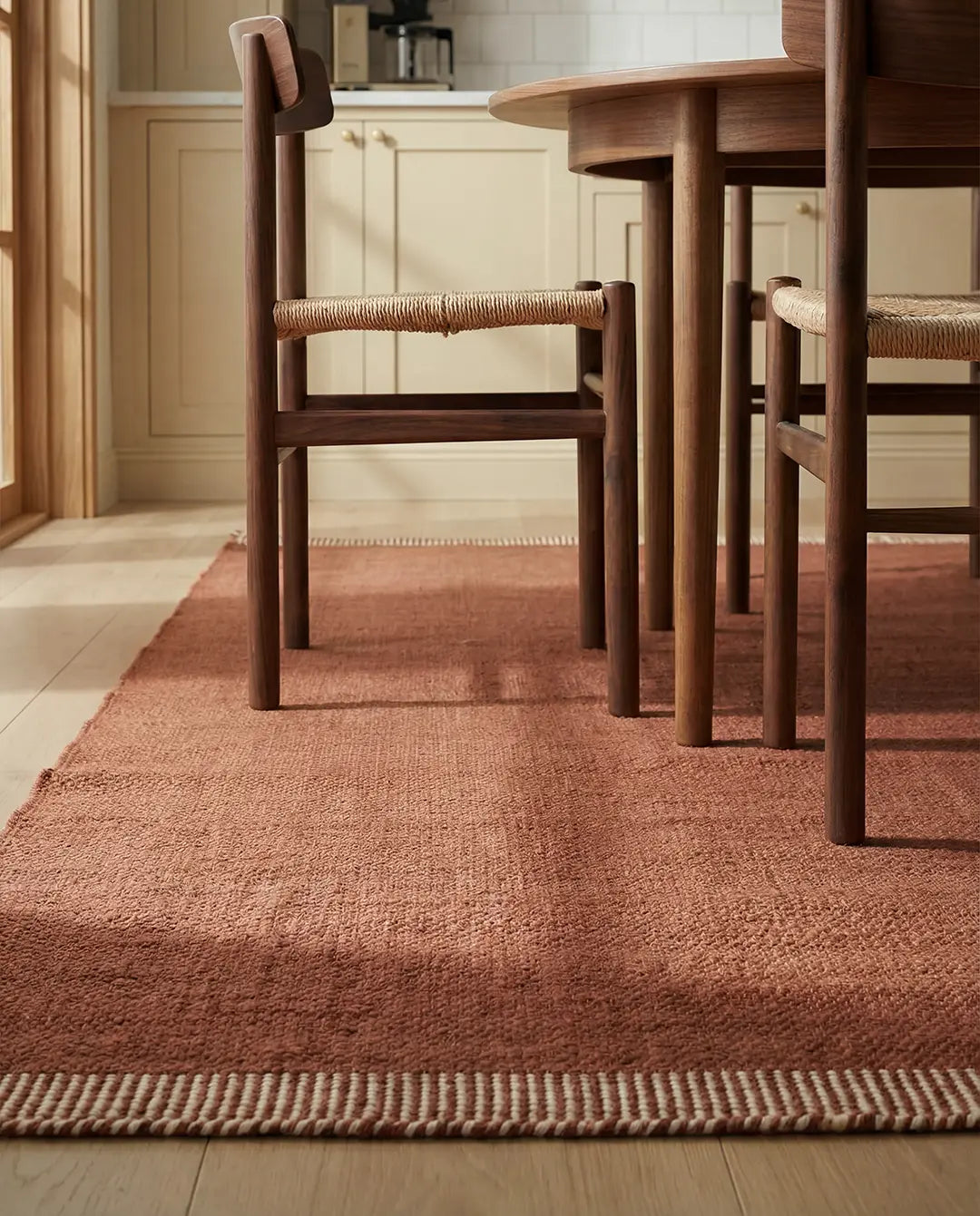 Textured terracotta area rug with a cream striped border under a wooden dining set in a modern kitchen.