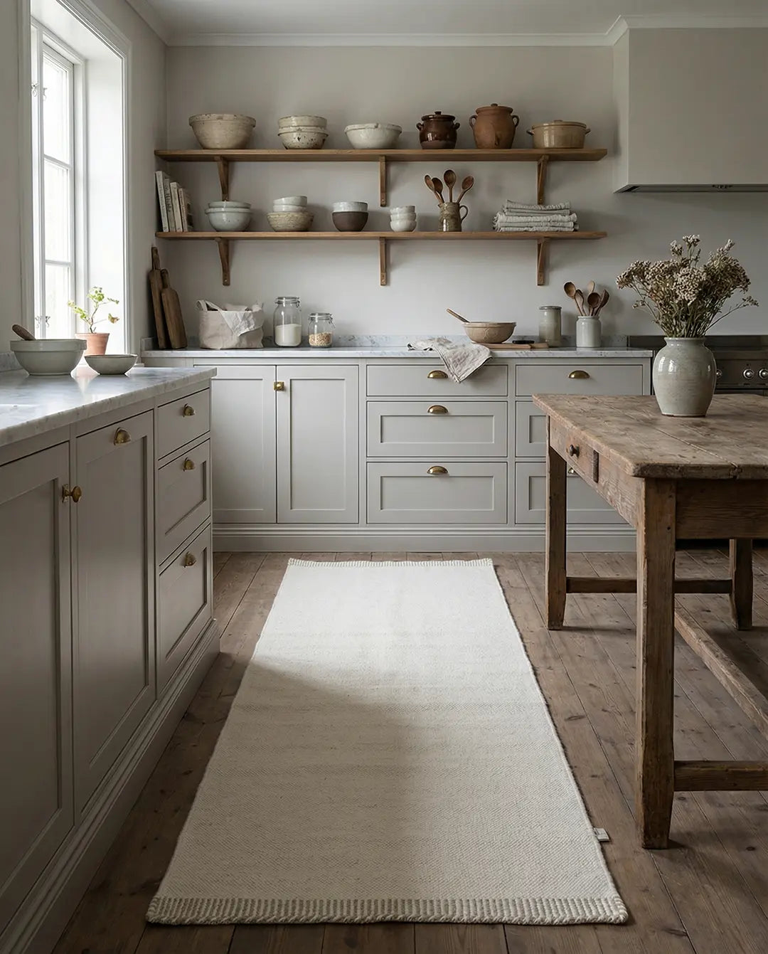 Gångmatta Pure Natural Vit handvävd i ull placerad på trägolv i kök med grå köksskåp, öppna trähyllor och träbord.