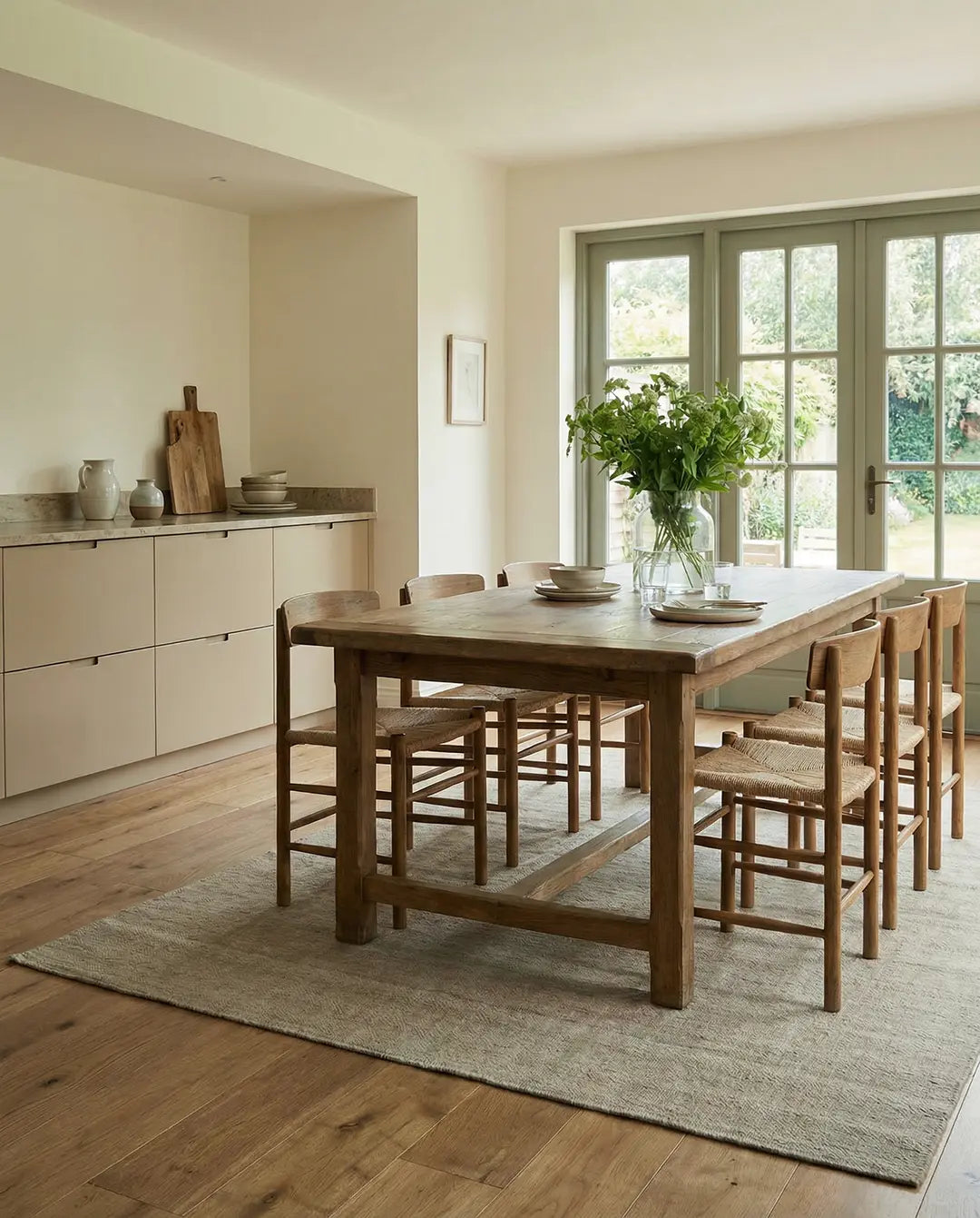 Esszimmertisch aus Holz mit Stühlen mit Rattansitzfläche in einem modernen, hellen Esszimmer mit Naturteppich.