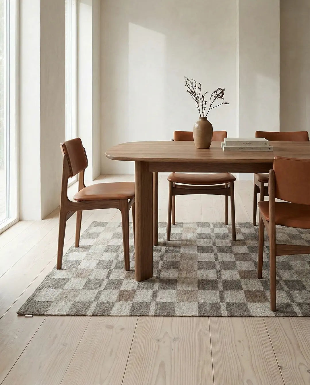 Modern dining set with oval wooden table and tan leather chairs on a grey and beige checkered area rug.