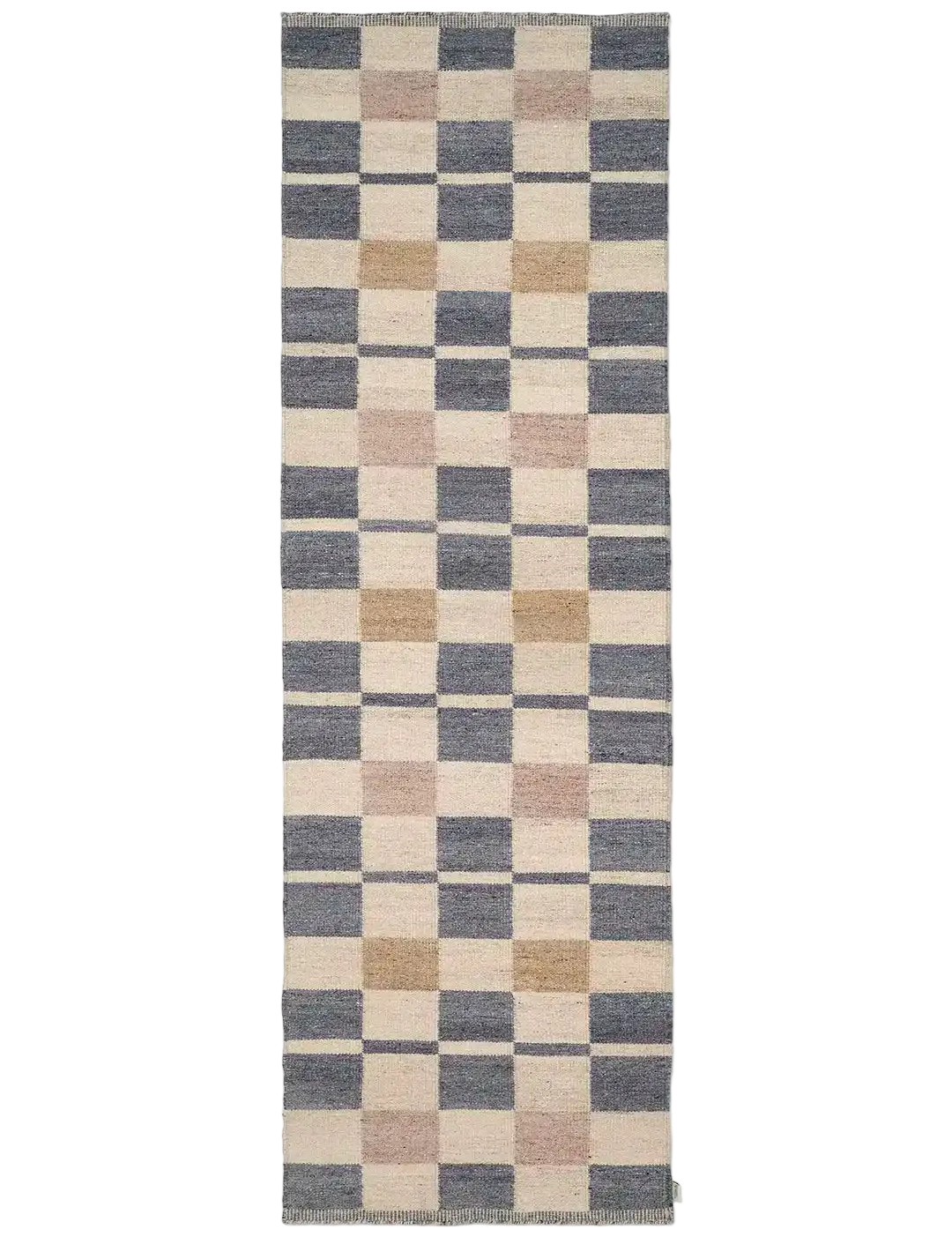 Handvävd gångmatta Rutvik i ull, 80x250 cm, med smårutigt blockmönster i dämpade toner av blått, naturbeige, sand och rosa.