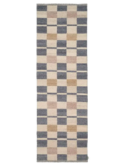 Handvävd gångmatta Rutvik i ull, 80x250 cm, med smårutigt blockmönster i dämpade toner av blått, naturbeige, sand och rosa.