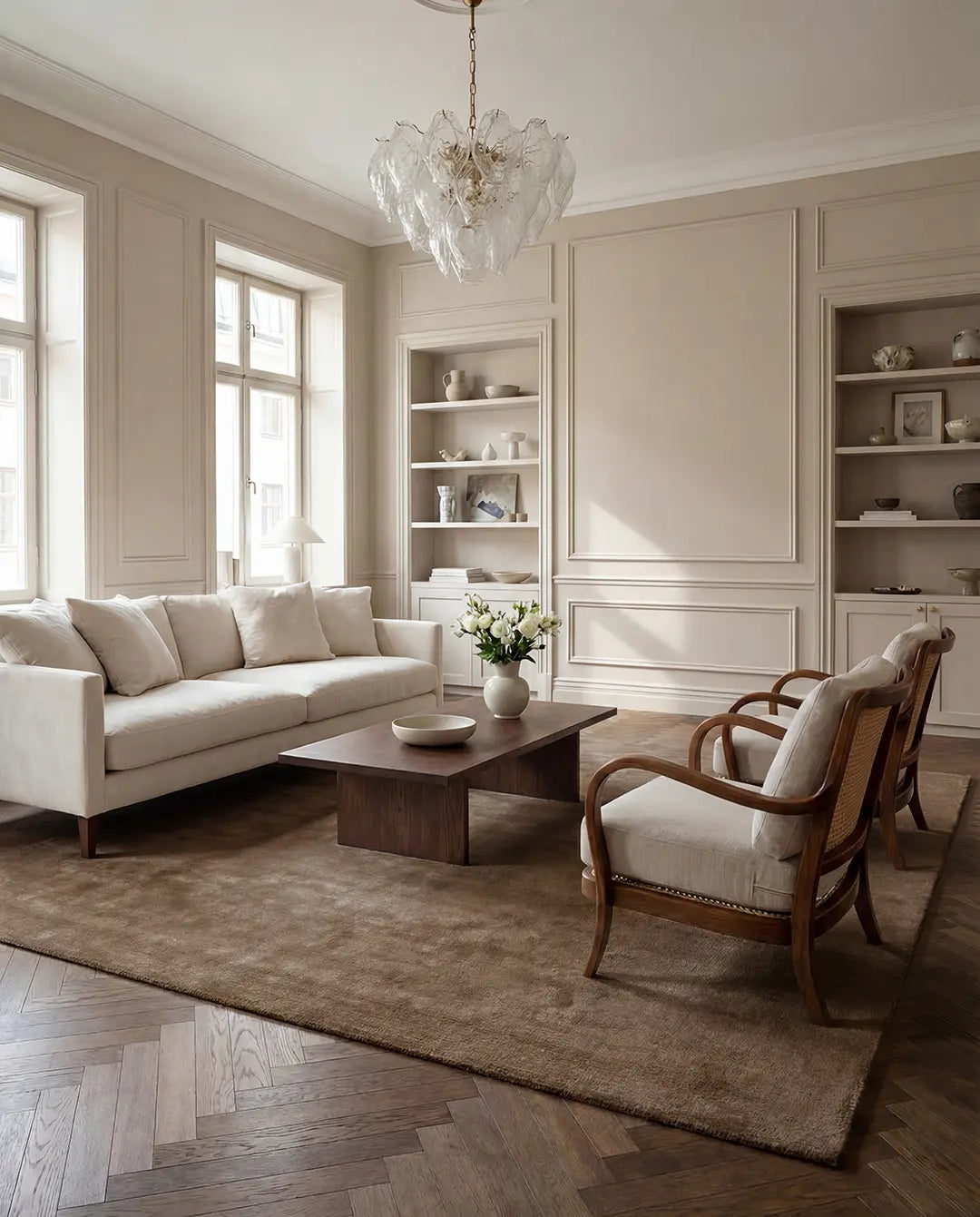 Elegant vardagsrum med beige soffa, fåtöljer i trä med rotting och ett mörkbrunt soffbord på en fiskbensparkett.