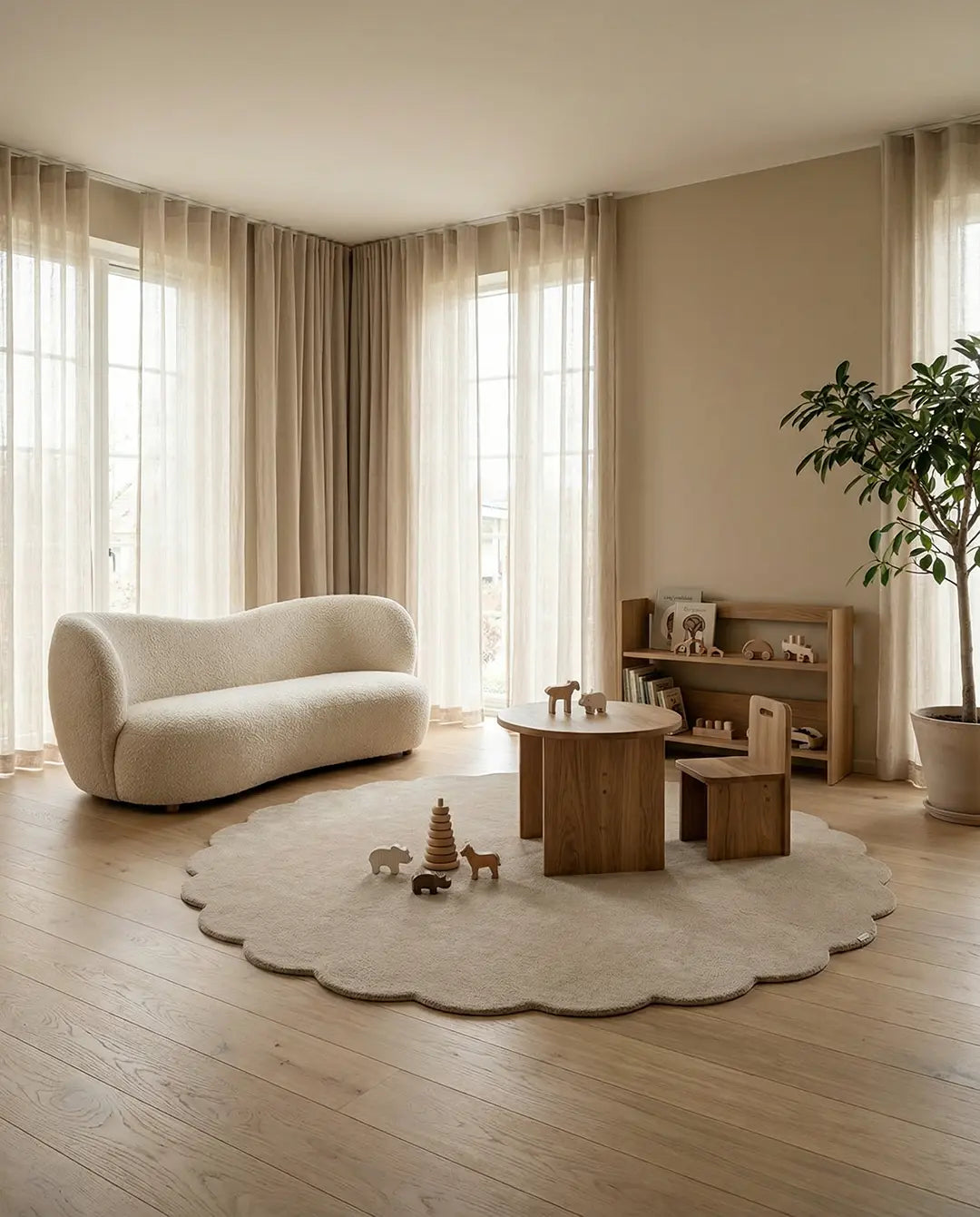 Beige rund matta med vågig kant i ett modernt barnrum med soffa i bouclé och möbler i ljust trä.