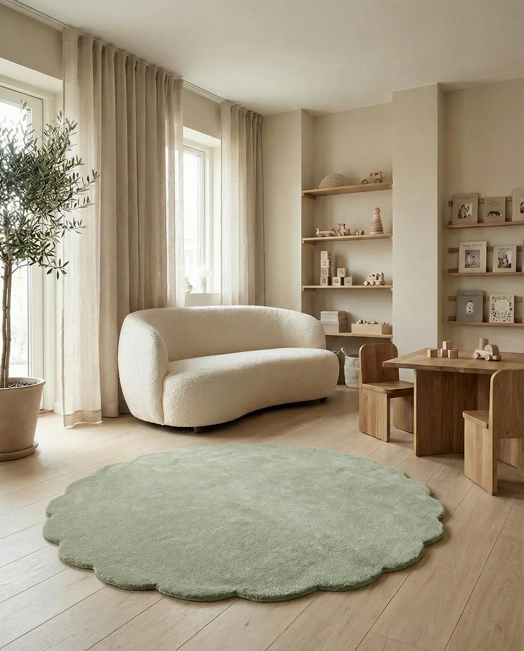 Round sage green scalloped area rug in a neutral modern nursery with cream bouclé sofa and wooden furniture.