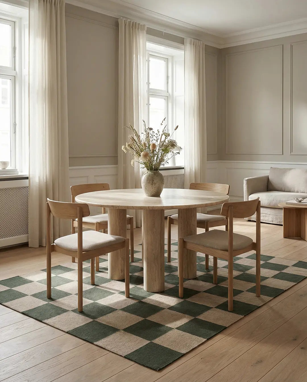 Runder Esstisch aus Travertin mit vier Holzstühlen auf einem grün-beigen Schachbrettteppich im hellen Esszimmer.