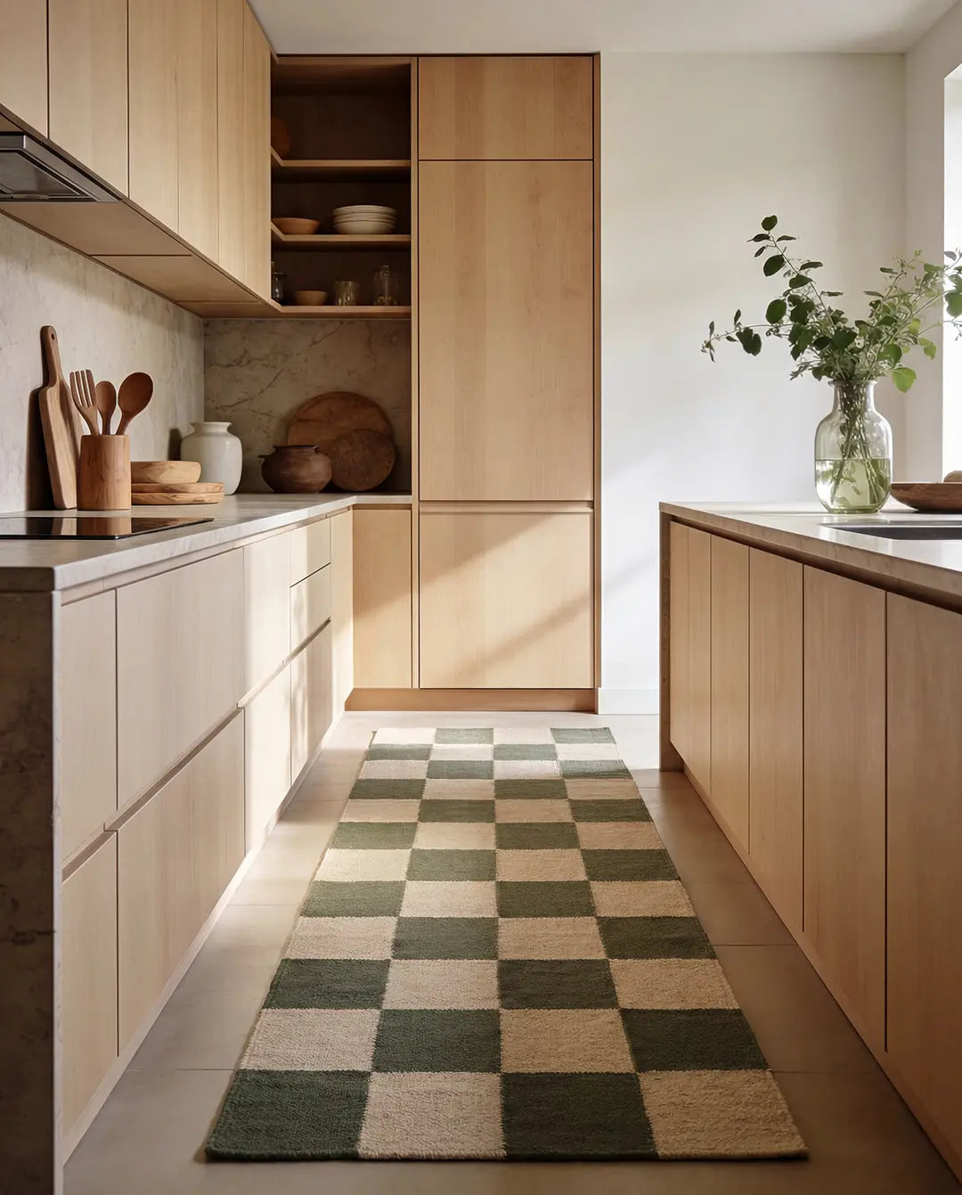 Moderner Küchenläufer mit grün-weißem Schachbrettmuster in einer hellen Holz-Einbauküche.