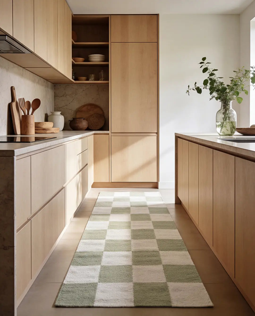 Moderner Küchenläufer mit grün-weißem Schachbrettmuster in einer minimalistischen Holzküche.