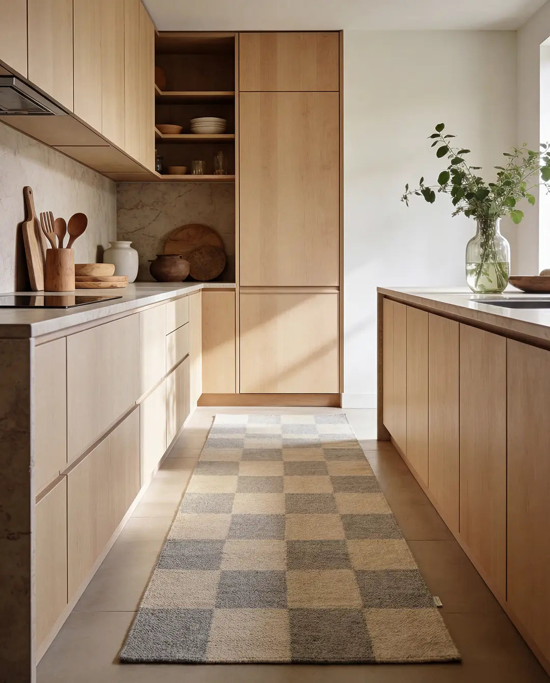 Moderner Küchenläufer mit grau-beigem Schachbrettmuster auf hellem Holzboden zwischen minimalistischen Küchenfronten.