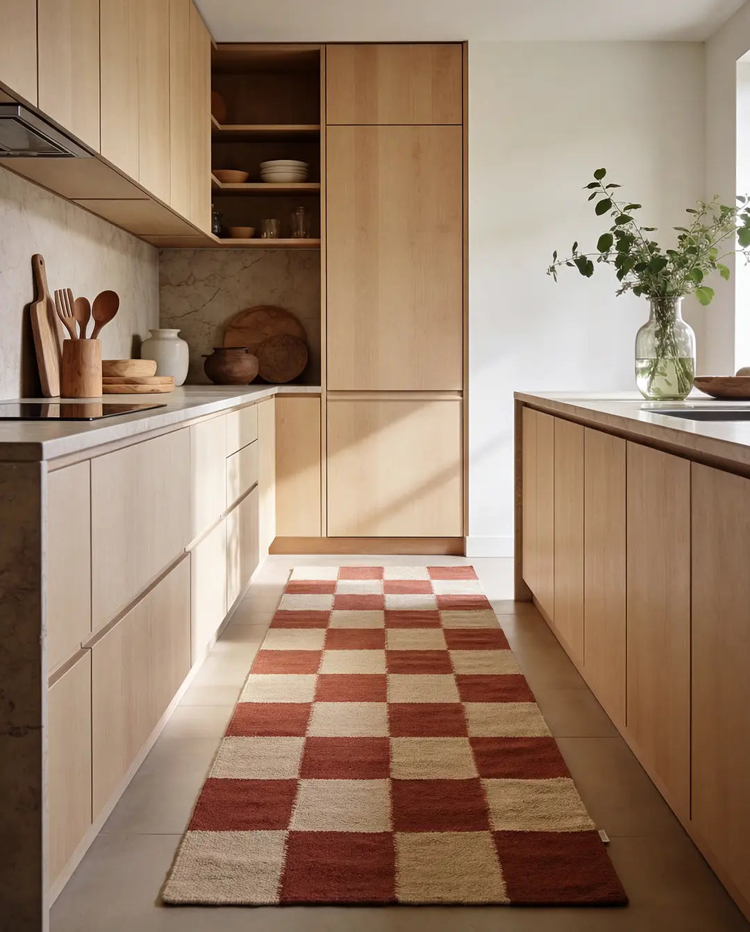 Moderner Küchenläufer mit rot-weißem Schachbrettmuster in einer hellen Holz-Einbauküche.