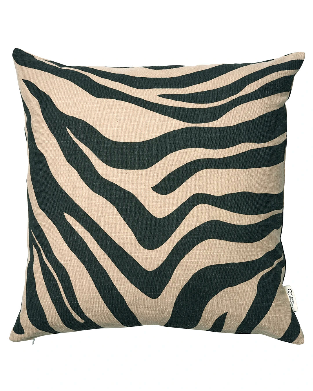 Square throw pillow with a black and beige zebra print pattern in a textured linen-look fabric.