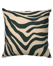 Square throw pillow with a black and beige zebra print pattern in a textured linen-look fabric.