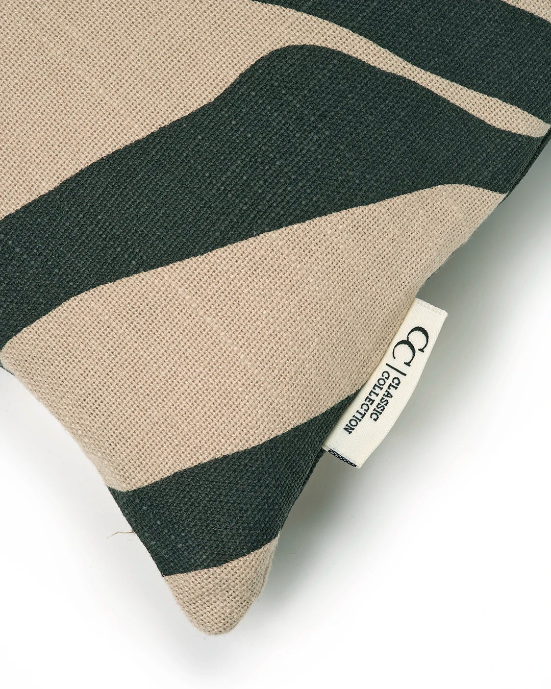 Textured beige and dark green striped linen throw pillow with a Classic Collection brand tag.