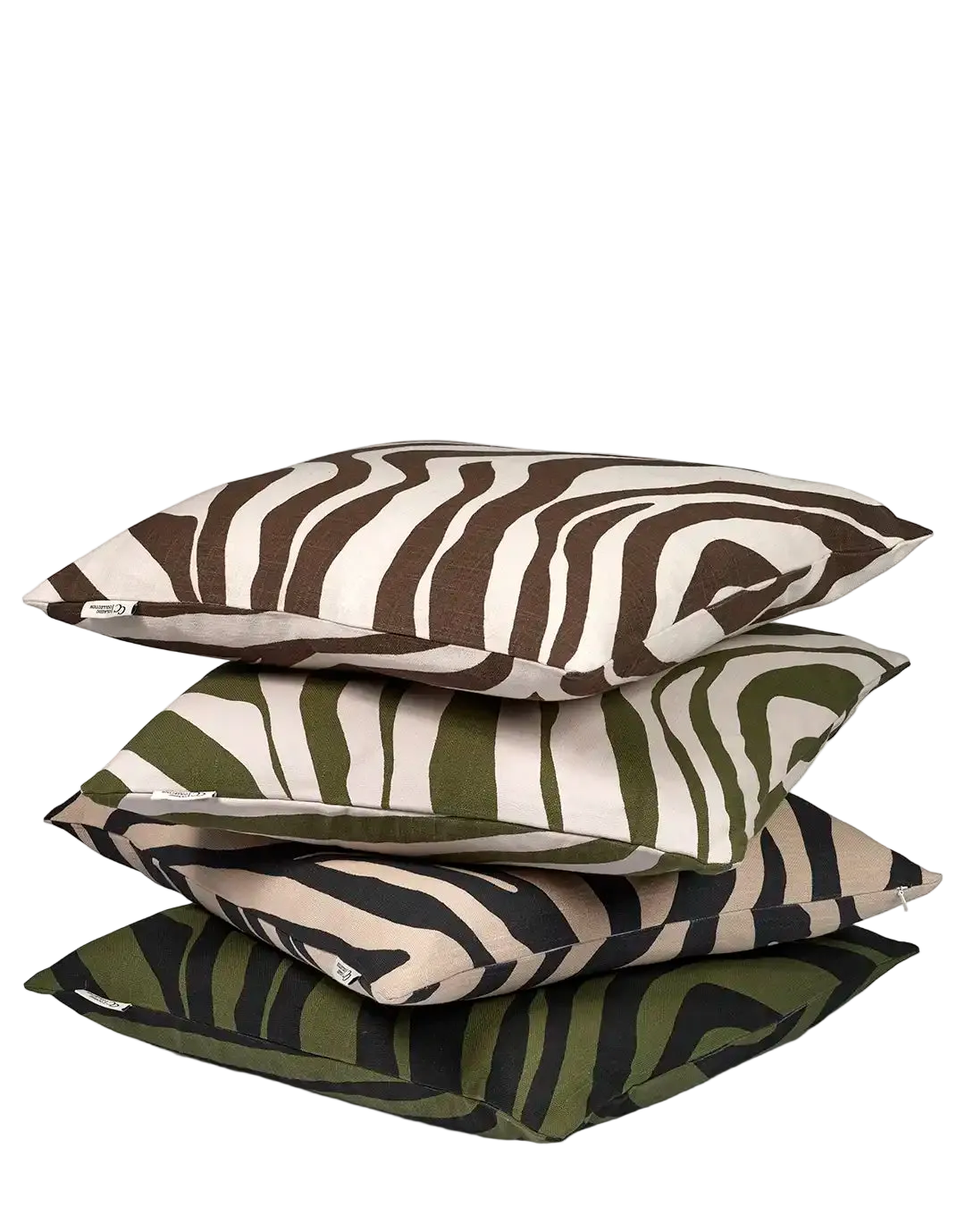 Stack of four square decorative throw pillows in varied earth-toned zebra stripe patterns on a white background.