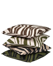 Stack of four square decorative throw pillows in varied earth-toned zebra stripe patterns on a white background.