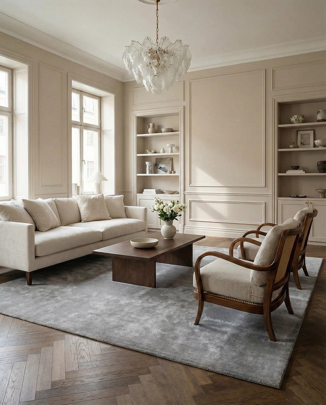 Vardagsrum med beige soffa, mörk träsoffa, fåtöljer med rotting och grå matta i klassisk inredningsstil.