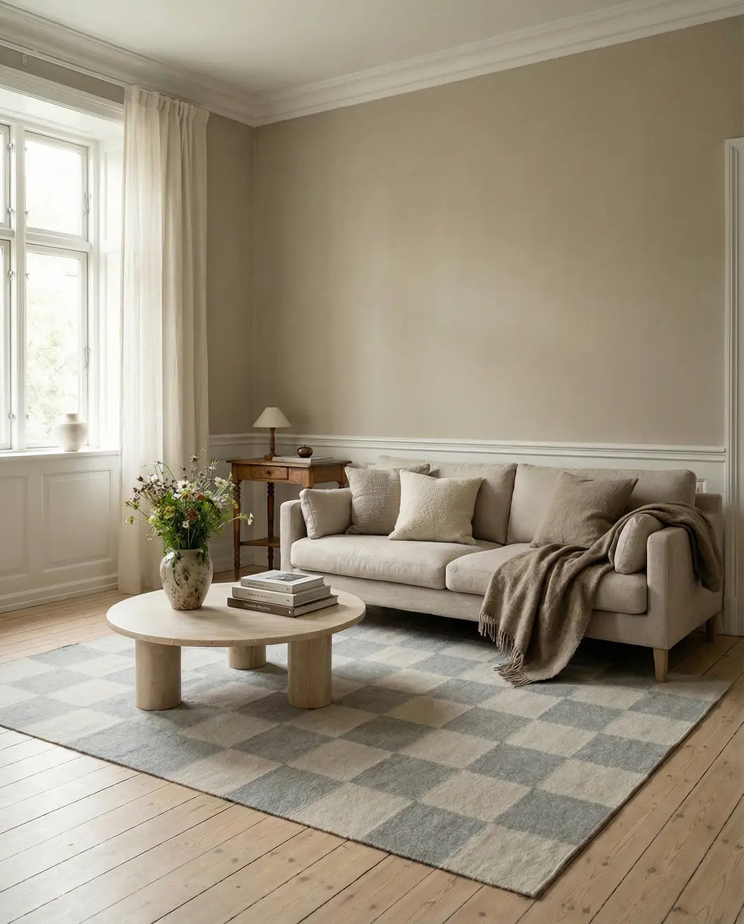 Beiger Couchtisch aus Holz mit runden Beinen auf einem grau-weißen, karierten Wohnzimmerteppich in einem hellen Raum.