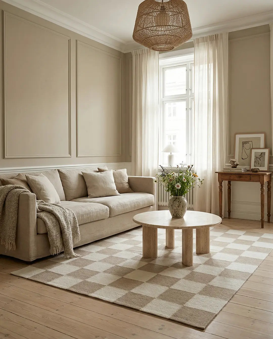 Beiges Wohnzimmer mit beigefarbenem Sofa, kariertem Teppich und rundem Couchtisch aus Travertin.