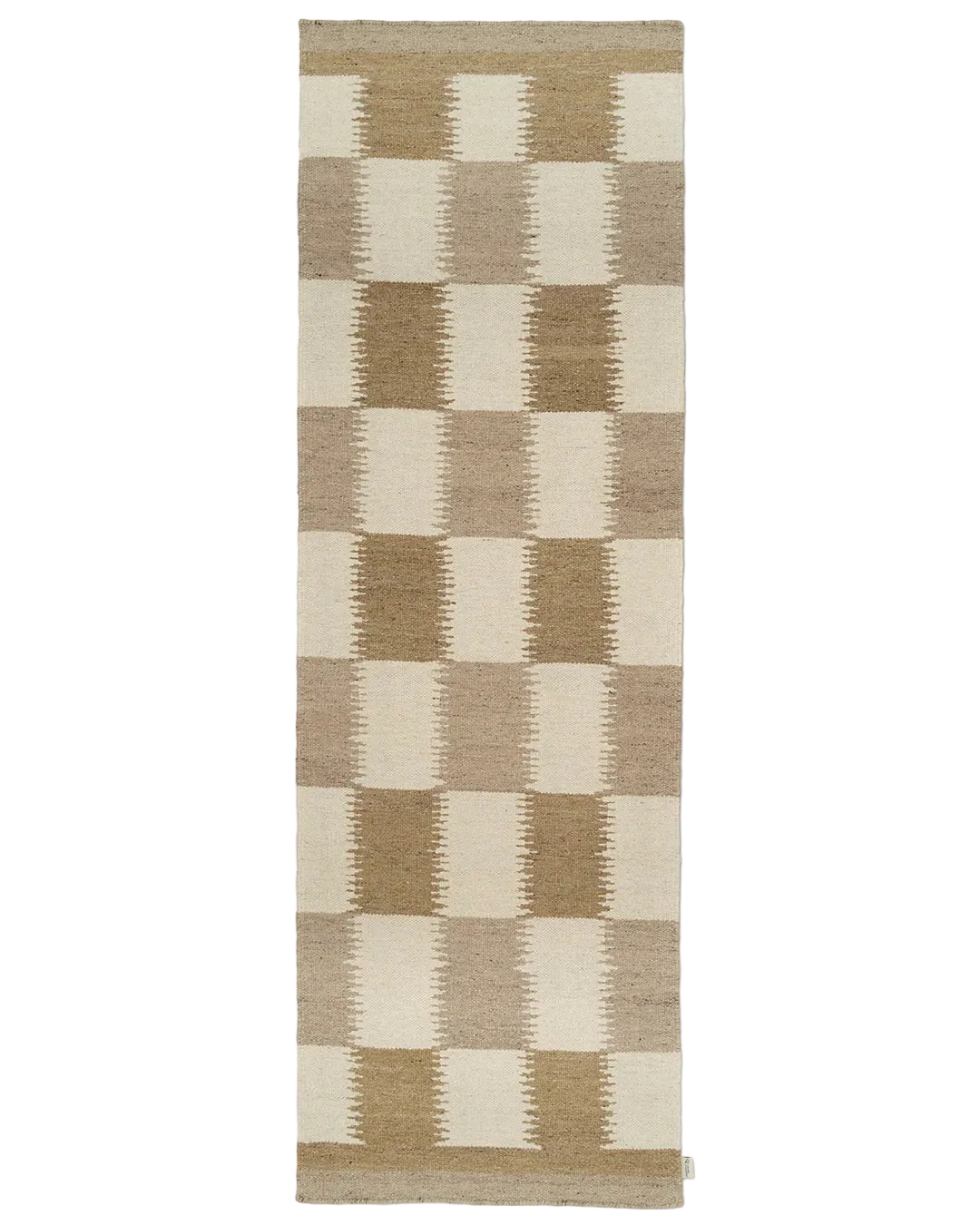 Ullgångmatta Tagel 80x250 cm med stora rutor i beige och naturvitt samt fin­taggade färgövergångar i mönstret.