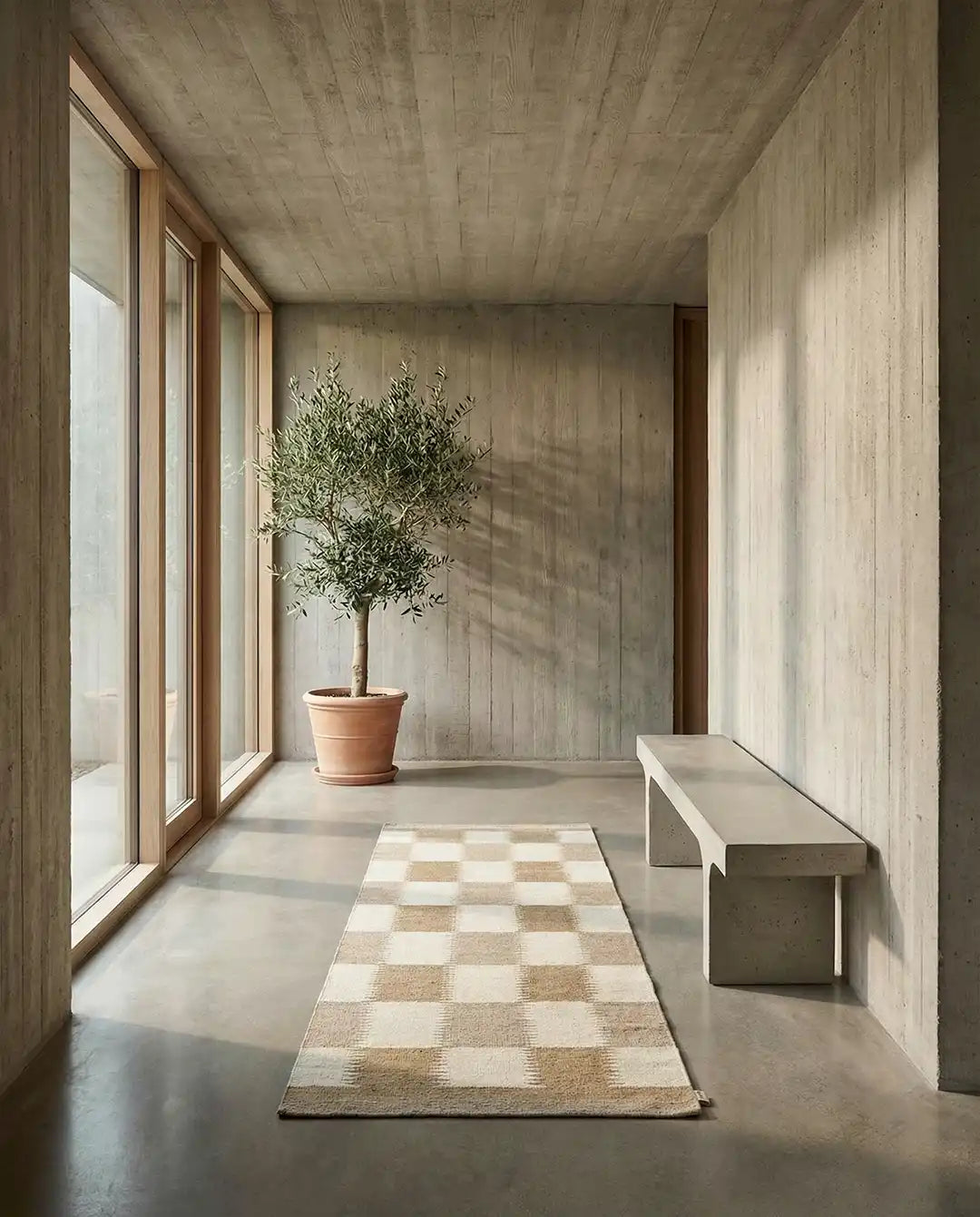 Rutig matta i beige och krämvitt på betonggolv i en minimalistisk hall med en olivträd och betongbänk.