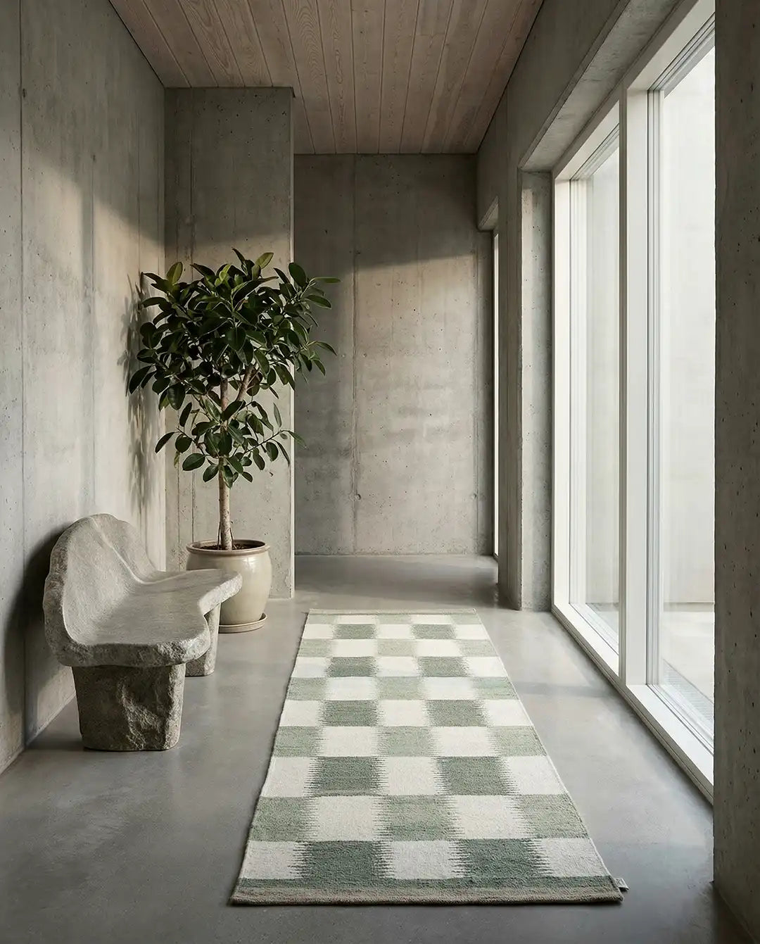 Grön-vit rutig matta i en minimalistisk hall med betongväggar, stenbänk och krukväxt.