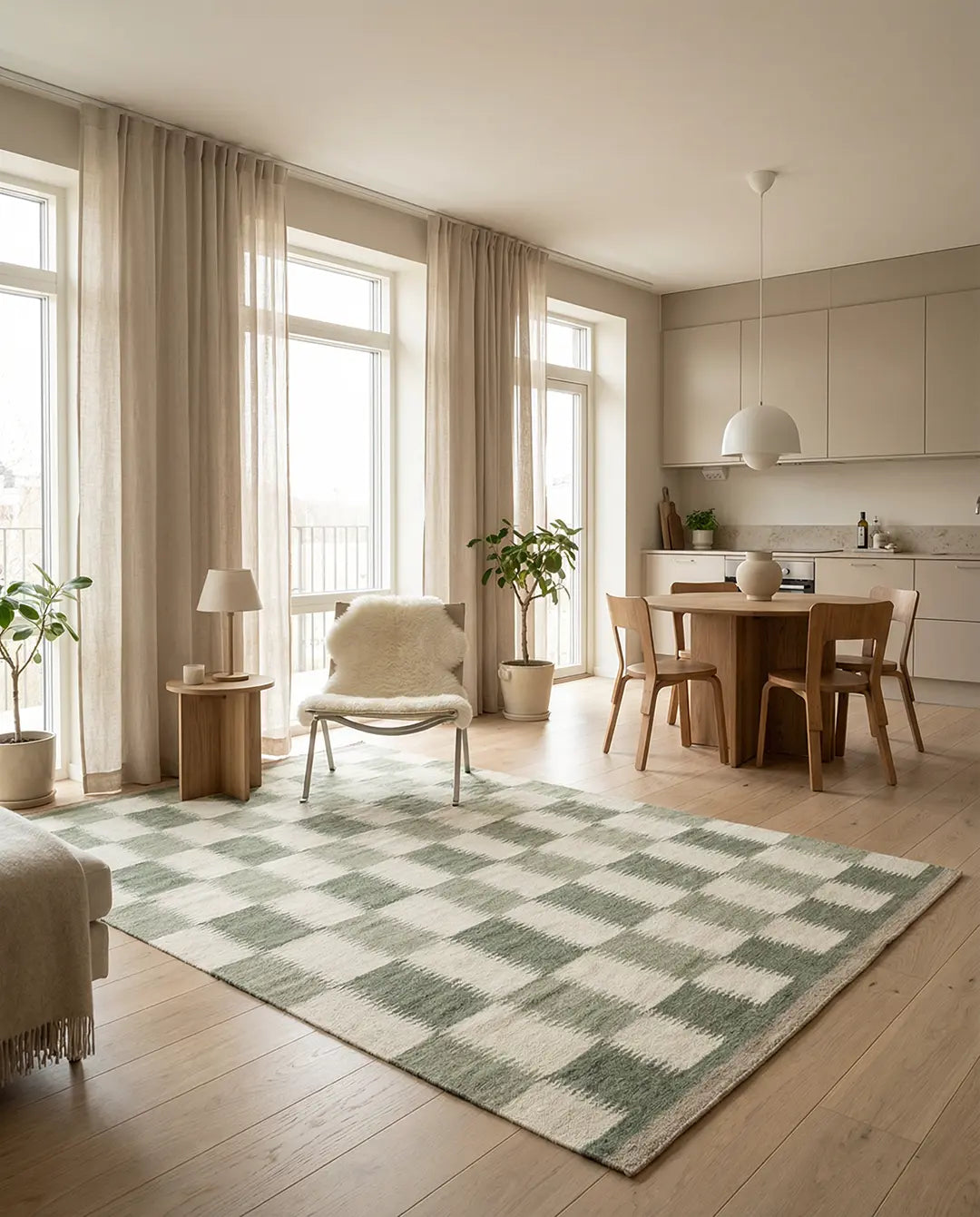 Rektangulär matta med rutigt mönster i vitt och grönt i ett ljust och modernt vardagsrum.