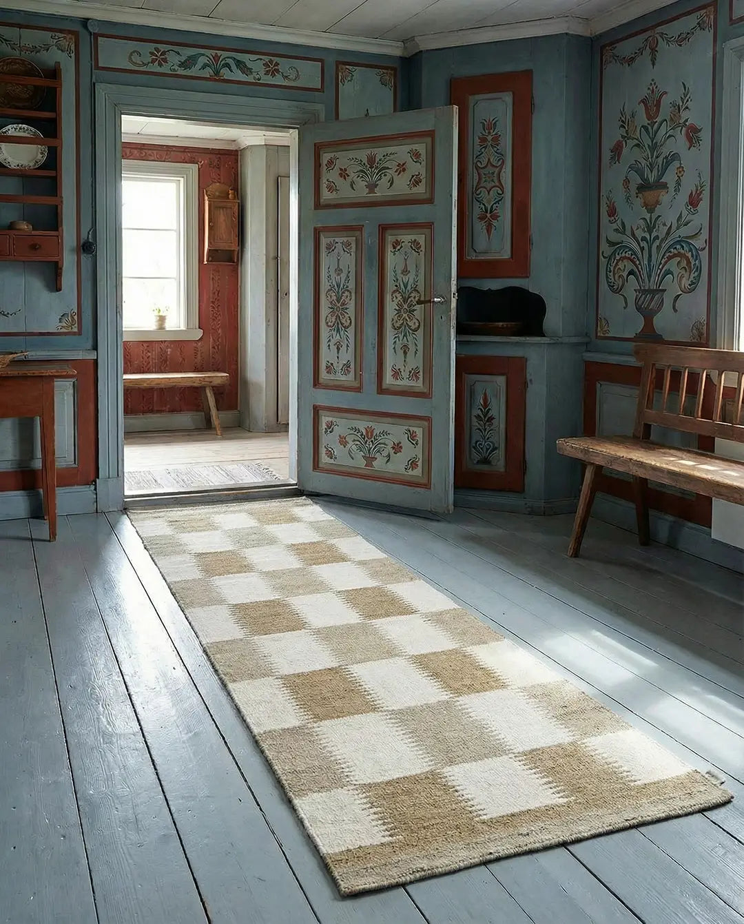 Lång, rektangulär matta med beige och vitrutigt mönster på ett rustikt trägolv i en interiör med allmogestil.