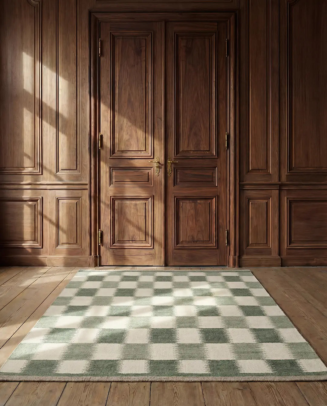 Rectangular area rug with a sage green and cream checkerboard pattern on a wooden floor in front of classic wood doors.