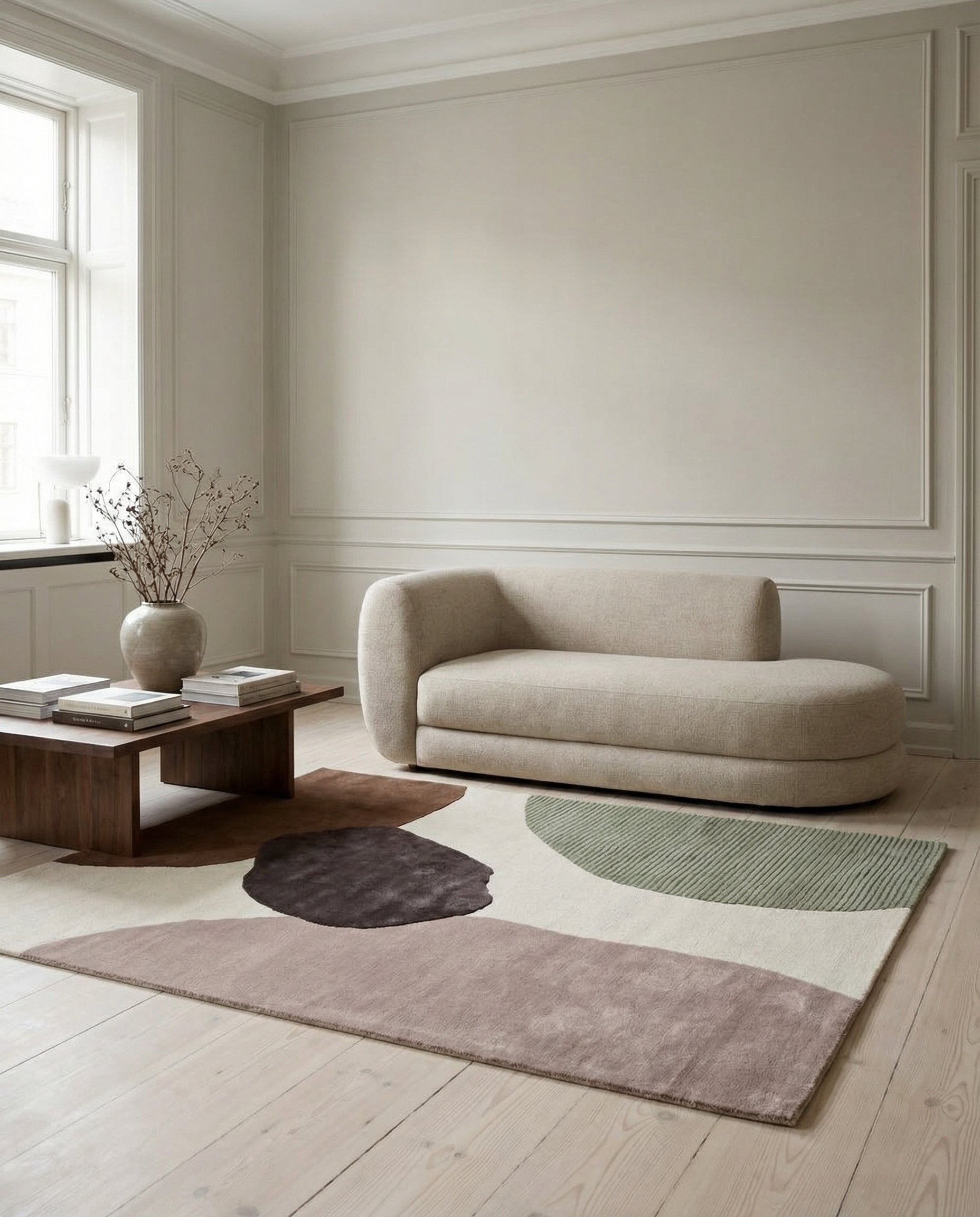 Designer-Teppich mit abstraktem, buntem Muster in organischen Formen vor einem modernen beigen Sofa im Wohnzimmer.