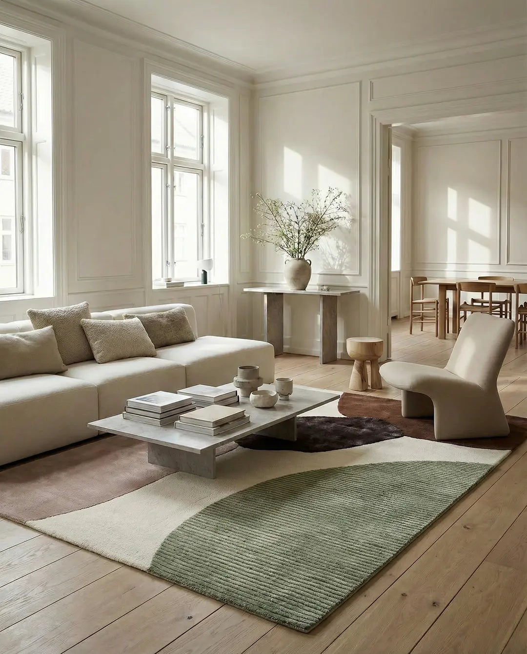 Moderner Wohnzimmerteppich mit organischen, geometrischen Formen in Beige, Grün und Dunkelbraun auf Holzboden.