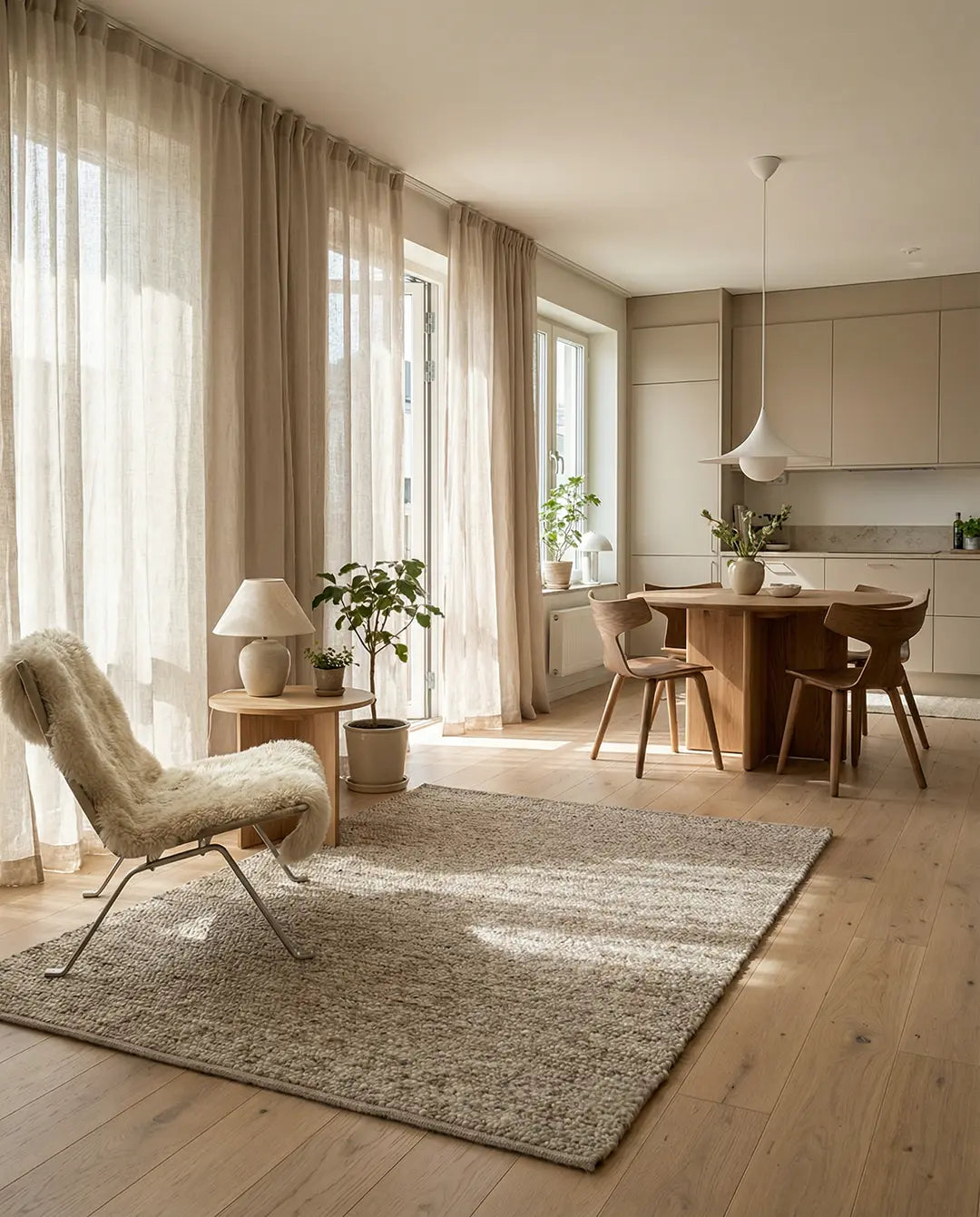 Ljus interiör i skandinavisk stil med beige matta, fåtölj i fårskinn, runt träbord och linnegardiner.