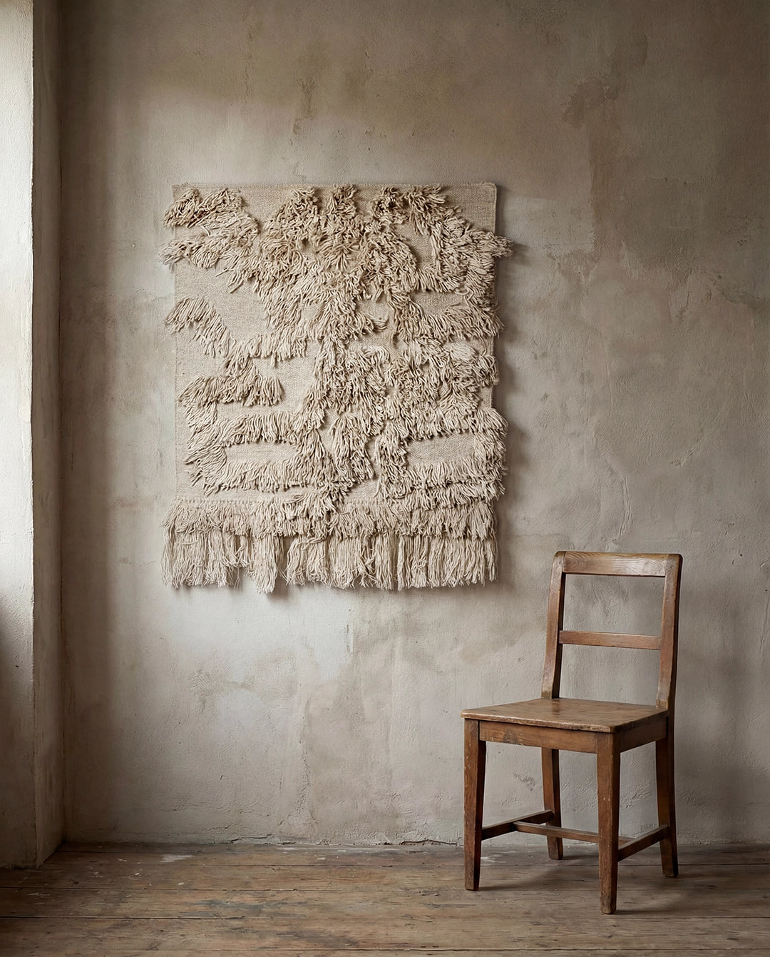 Väggbonad i beige ull med texturerad tuftad yta och fransar, hängande på en putsad vägg bredvid en trästol.
