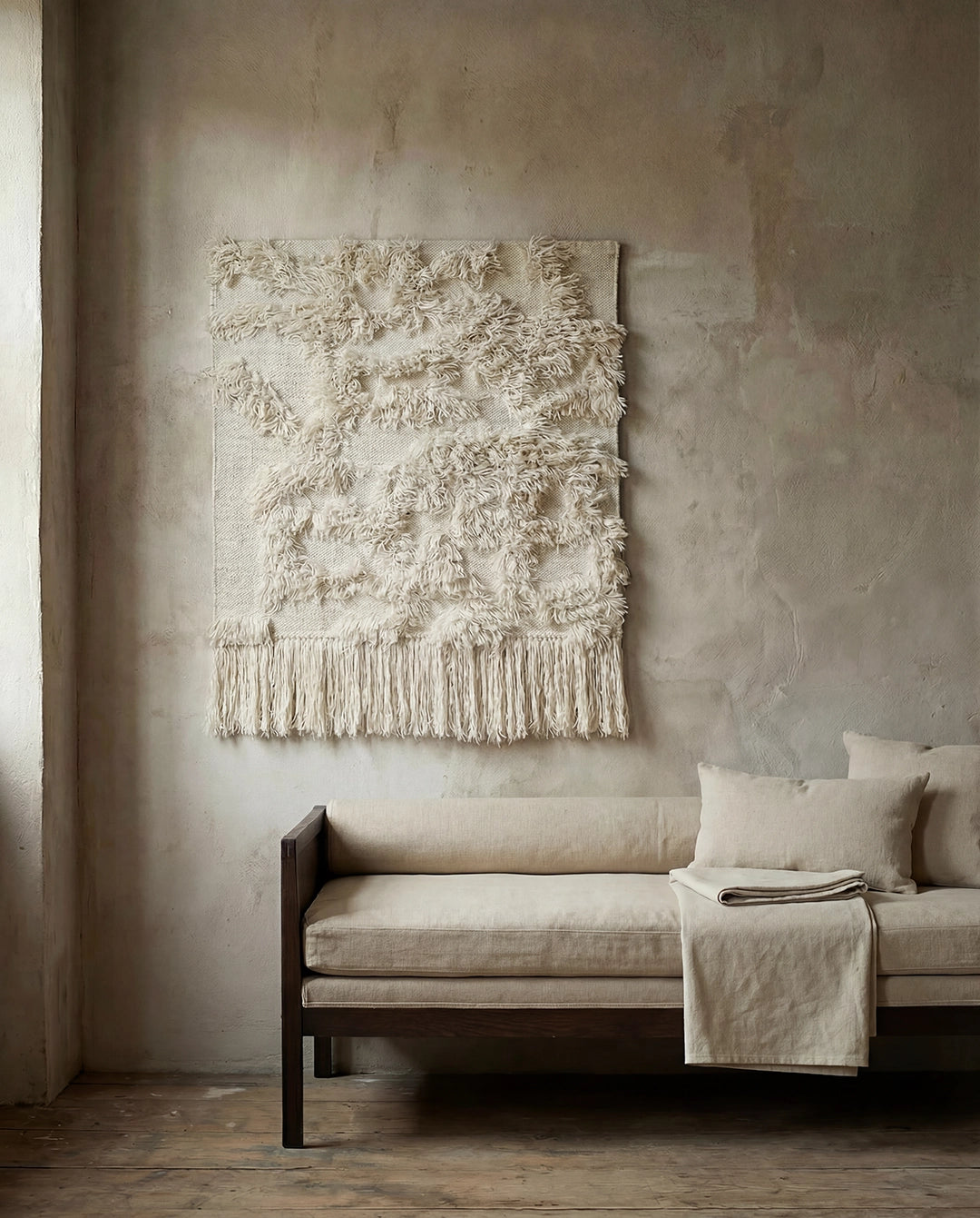 Väggbonad i naturvitt ylle med dekorativ lugg och fransar, hängande ovanför en beige dagbädd i ett stilrent rum.