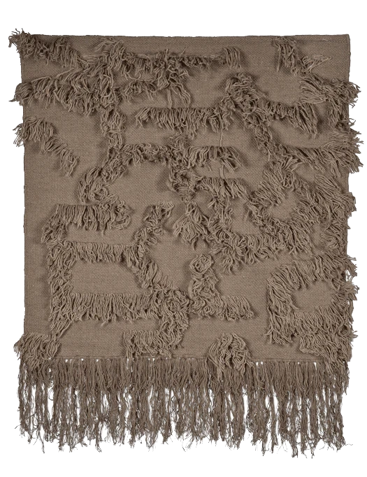 Rio Beige väggbonad, 100 × 100 cm, handvävd i ull, frilagd produktbild med tuftat mönster och fransad nederkant