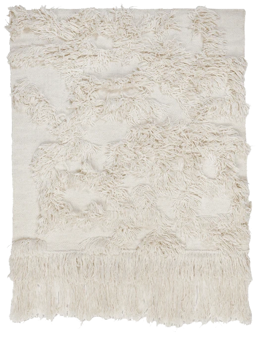 Rio väggbonad i off-white, 100 × 100 cm, handvävd i ull, frilagd produktbild med tuftat mönster och fransad nederkant.