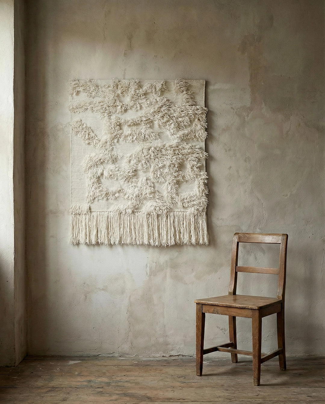 Beige väggbonad i ull med texturerat mönster och fransar, upphängd på en grå vägg bredvid en trästol.