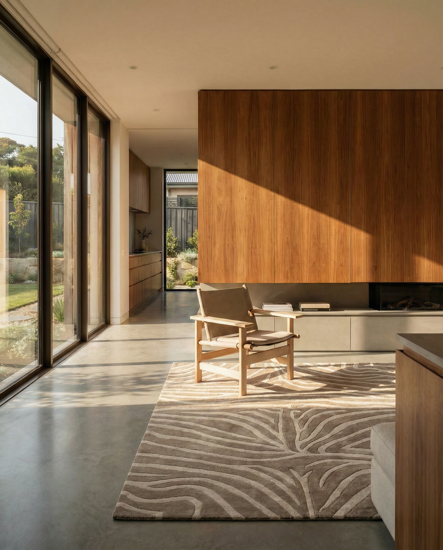 Modern living room with a beige, textured area rug featuring a subtle leaf pattern and a light wood armchair on concrete floors.