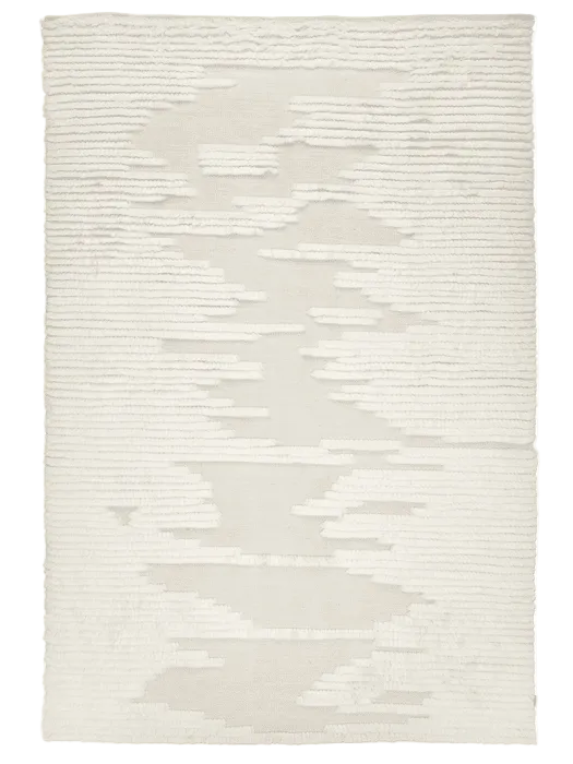 Cream rectangular area rug with a textured, abstract horizontal stripe pattern on a minimalist low-pile background.