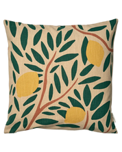 Kuddfodral i bomull med gula citroner, mörkgröna blad