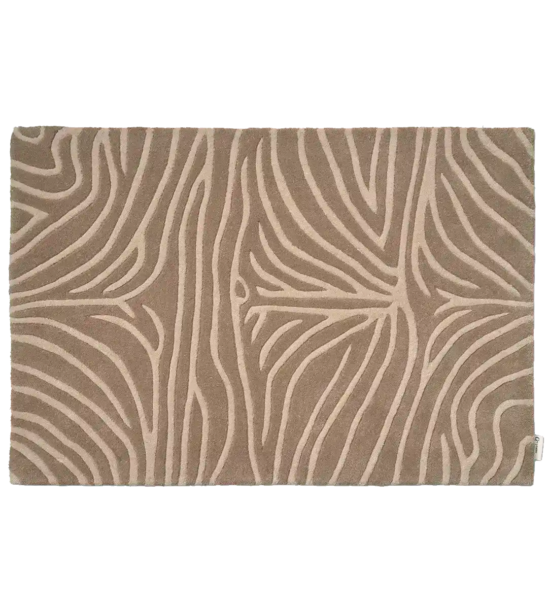 Rektangulär matta i beige och taupe med ett dekorativt, mjukt vågigt mönster inspirerat av zebra- eller träådring.