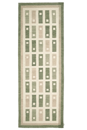 Fyrbo gångmatta 80x250 cm i handvävd ull med blockmönster i naturnära grönt och beige, flatvävd och vändbar, frilagd produktbild mot ljus bakgrund.