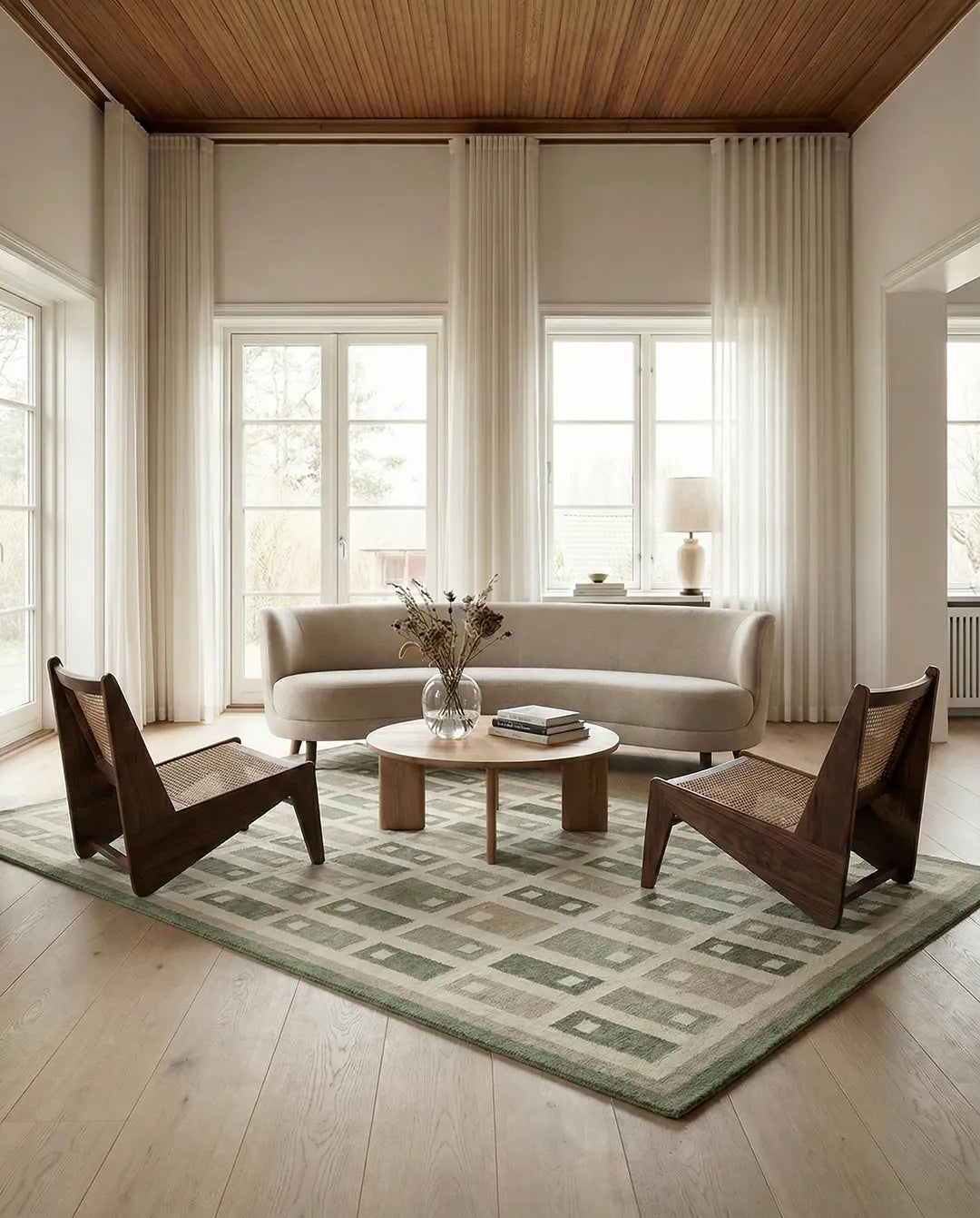 Vardagsrum med beige soffa, två mörka trästolar i rotting samt en mönstrad matta i gröna och beiga toner.