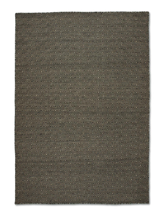 Rechteckiger Webteppich in Schwarz und Beige mit durchgehendem Rautenmuster.