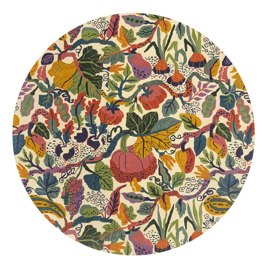 Rund Ullmatta Heritage Garden Cream Multi, mönstrad mattor med grödor. Frilagd bild.